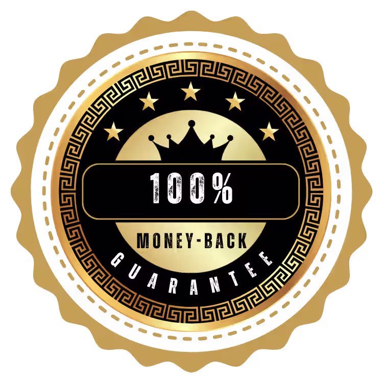 Gold and black circular seal badge with crown and stars, featuring bold “100% Money-Back Guarantee” text, decorative Greek key border, and scalloped edge design isolated on transparent background.